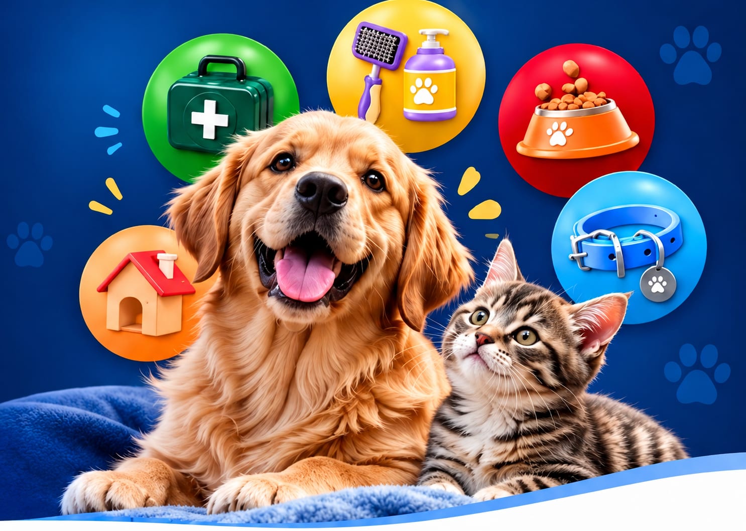 Un perro golden retriever sonriente y un gatito atigrado sobre una manta azul, rodeados por las cinco esferas de Super Vet: botiquín, estética, alimento, casita y collar.